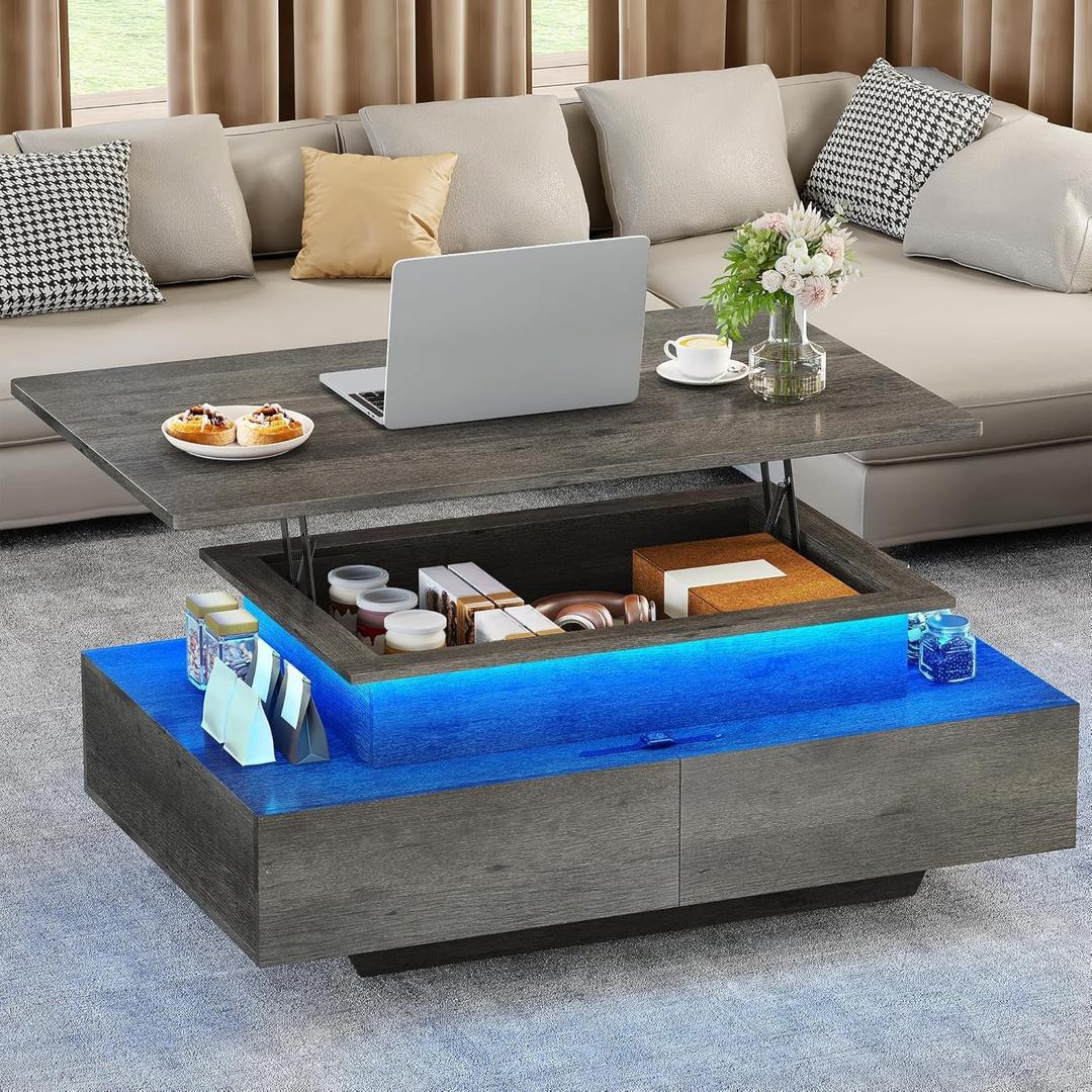 YITAHOME Lift Top LED Coffee Tables for Living Room, Modern Coffee Table with Storage 4 Drawers, Smart Coffee Table with Lifting Top, Gray Farmhouse Center Table for Home Office Decor, Grey