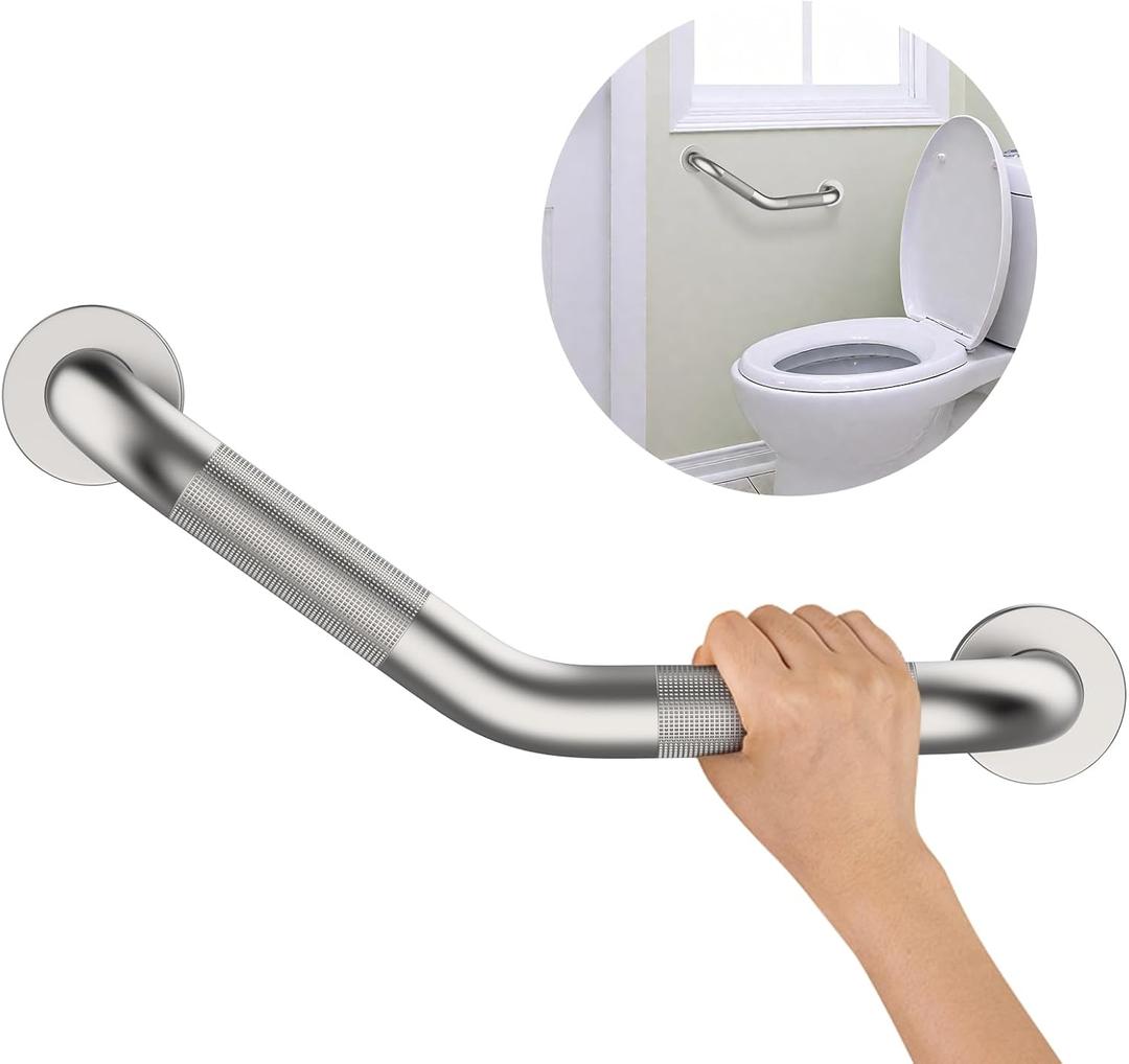 16 Inch Angled Shower Grab Bar, Munzong Anti Slip Satin Brushed Nickel Bathroom Grab Bar, Knurled Bathroom Balance Bar,Safety Hand Rail Support Handicap Elderly Injury Senior Assist Bath Handle