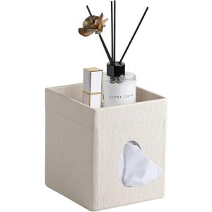 Tissue Box Cover, PU Leather Square Tissue Box Holder with Storage Tray for Bathroom Vanity Countertop Night Stands Bedroom Office Desk, Stylish Tissue Holder Decorative Organizer (Linen)