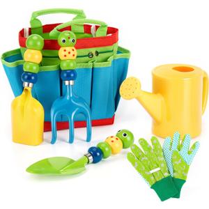 FITNATE Green Kids Garden Tools Set,6 PCS Gardening Tools for Kids Including Watering Can, Shovel, Rake, Fork, Children Gardening Gloves and Garden Tote Bag, All in One Set
