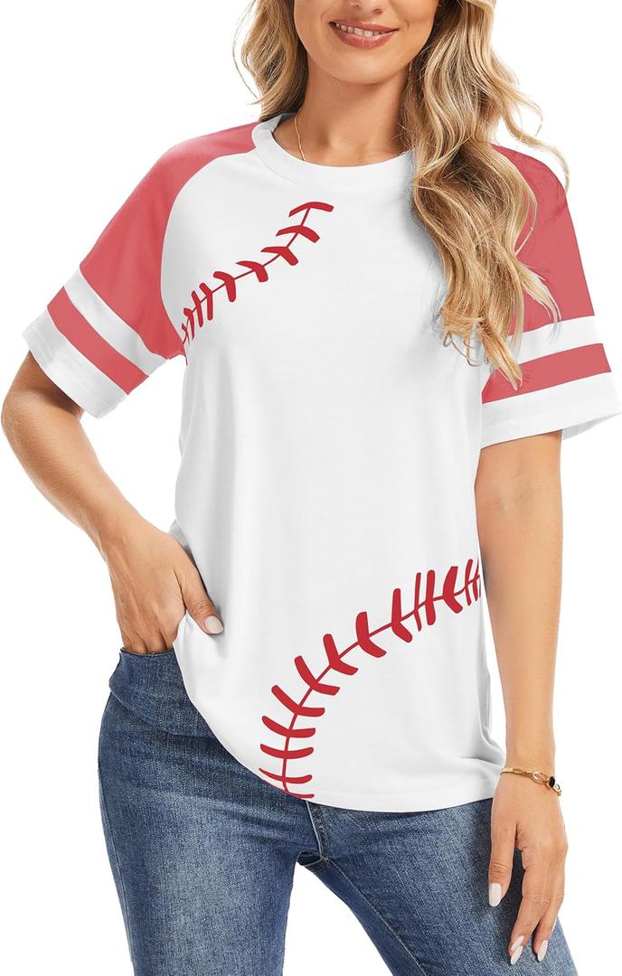 ETATNG Baseball Mom Shirt for Womens Raglan Shirt Short Sleeve Crewneck Patchwork Workout Baseball Tees (Large, 01-white and Light Red)