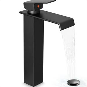 Brass Vessel Sink Faucet Black Waterfall Bathroom Faucet 1 Hole, Tall Bathroom Sink Faucet Single Handle, Modern Bathroom Faucets for Vessel Sinks with Pop Up Drain and Supply Hoses