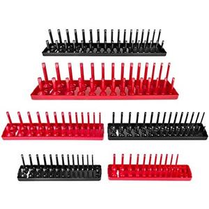 AIUITIO 6PCS Socket Organizer Tray Set, Red SAE & Black Metric Socket Storage Trays, 1/4-Inch, 3/8-Inch & 1/2-Inch Drive Deep and Shallow Socket Holders for Toolboxes Black Red