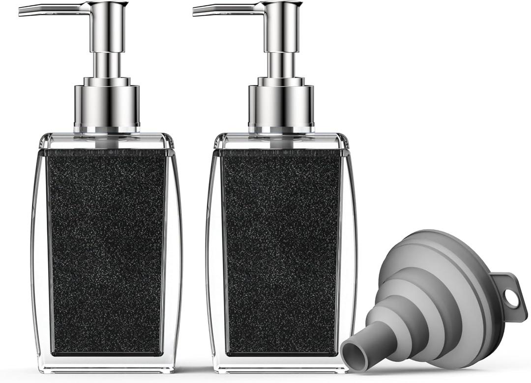 2 x Black Soap Dispenser with Refillable Plastic Pump for Bathroom Sink or Kitchen Counter, Ideal for Hand Soap, Liquid Soap, Dish Soap, or Lotion Use