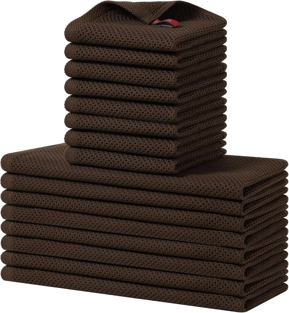 Homaxy 100% Cotton Kitchen Towels and Dishcloths Set, 12 x 12 Inches and 13 x 28 Inches, Set of 16 Bulk Kitchen Towels Set, Ultra Soft Absorbent Dish Cloths for Washing Dishes, Dark Brown