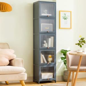 Bookcase with Clear Doors, 5-Tier Tall Bookshelf with Storage Cabinet, Bamboo Book Shelf and 5 Cube Organizer Book case for Living Room, Freestanding Storage Cabinet (5-Tier Grey)