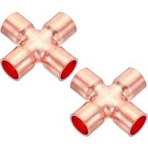 PATIKIL 1/2 Inch ID 15mm OD Copper Union Cross Pipe Fitting, 2 Pack 4 Way Welding Copper End Feed Equal Pipe Connector for Plumbing Air Conditioning Refrigeration Gas Water Oil