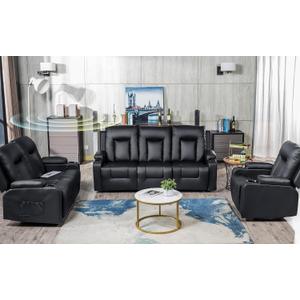 COMHOMA Living Room Furniture Set,Bonded Leather Sofa with Massage,Cup Holder Recliner Chair,3+2+1,Black