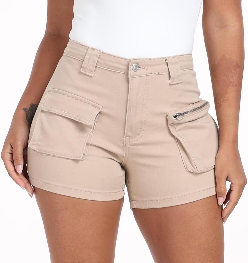 WAYRUNZ High Waist Cargo Shorts for Women (Beige)