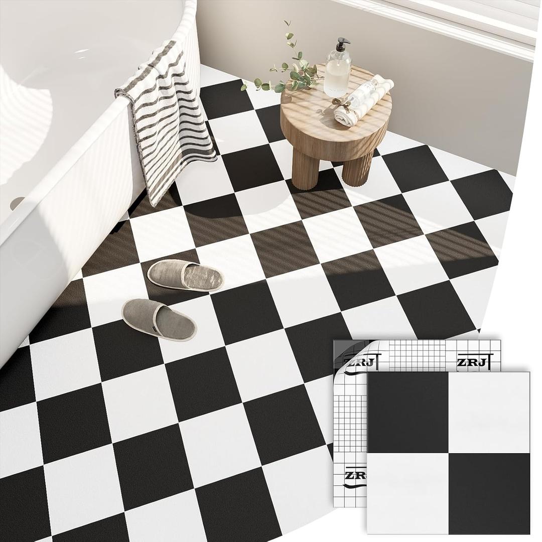 Peel and Stick Floor Tile 30-Pcs Cover 30 Sq.Ft, Vinyl Flooring Tiles 12 x 12 Matte Self Adhesive Flooring Stickers Waterproof Removable for Renter, Bathroom Living Room, Pure Black & White