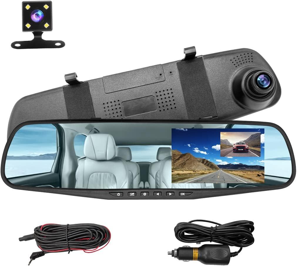 Mirror Dash Cam for Car, 4.3" Backup Smart Rearview Mirror Camera, Waterproof HD 1080P Front and Rear Wide Angle, Support Dual Cameras, Night Vision, Parking Assistance & Loop Record