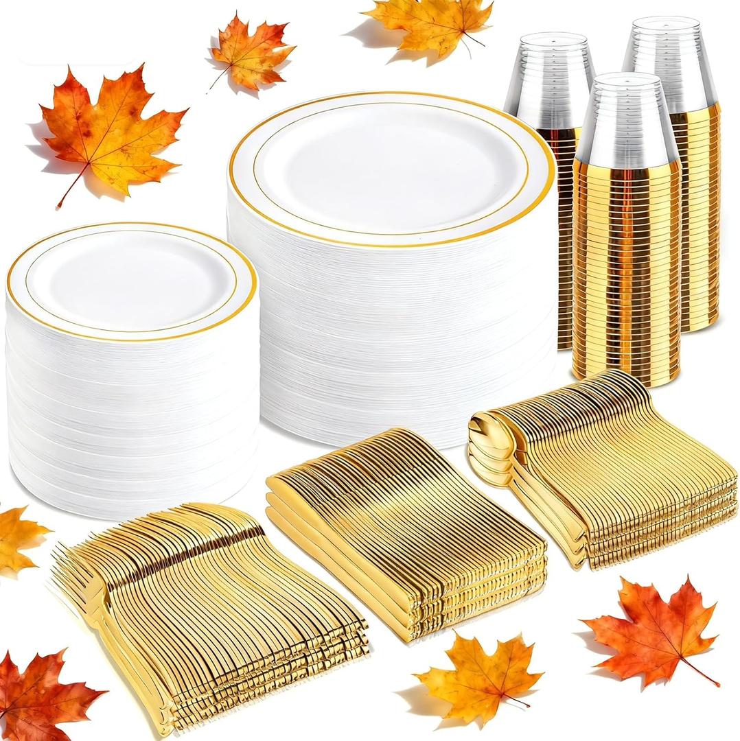 bUCLA 600Pcs White and Gold Plastic Plates - Gold Disposable Dinnerware Set for 100 Guests Include 100 Dinner & 100 Dessert Plates, 100 Cups, 100 Forks, 100 Spoons, 100 Knives for Thanksgiving