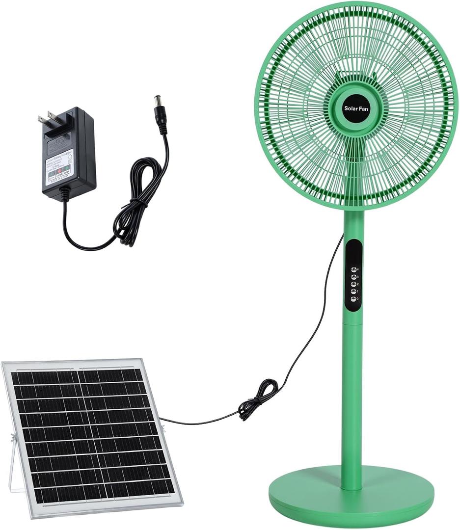 16 inch Solar Oscillating Standing Fan with Solar Panel, Portable Rechargeable Mobile Floor Fans, 14400mah Battery, Two Charging Methods, 4 Speeds, for Bedroom Study or Outdoor (Green)