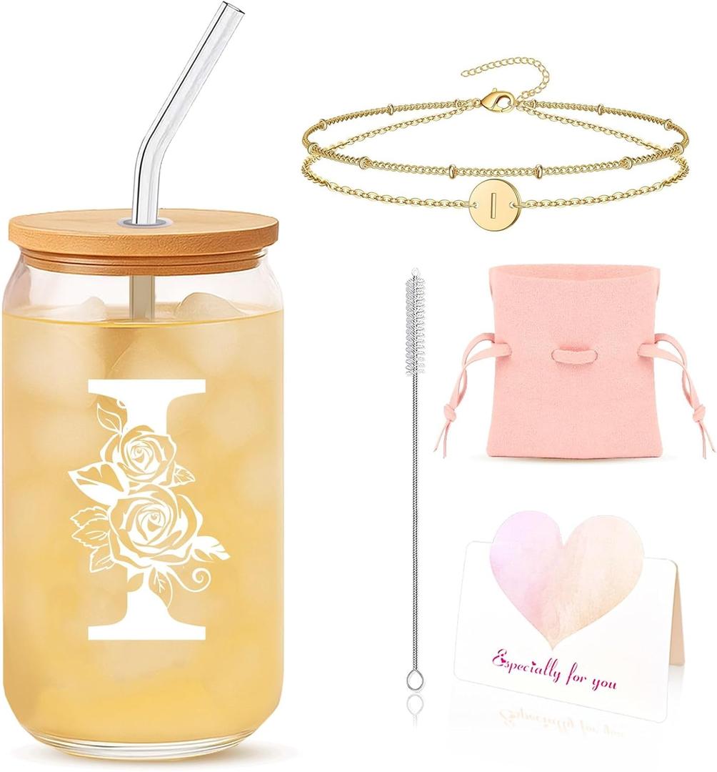 Holiday Gift for Sister or Bestie  Gift Set with Initial Glass Cup and Bracelet Thoughtful Present for Appreciation or Christmas