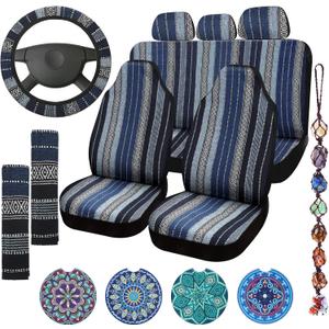 Frienda 14 Pcs Baja Car Seat Covers Full Set Multicolor Stripe Boho Print Steering Wheel Cover Seat Belt Cover Crystal Hanging Ornament Car Holders Fits (Bohemia Style)