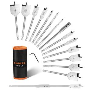 14-Piece Spade Drill Bit Sets with 6 Extension, Paddle Flat Bit for Hole Cutter Woodworking, 1/4" to 1-1/2", Quick Change 1/4 inch Hex Shank, Nylon Storage Pouch Included