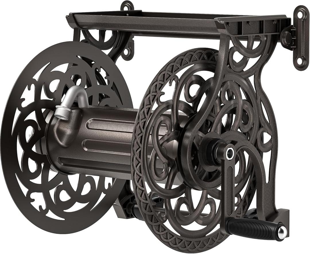 Garden Hose Reel Wall Mount Metal, Holds 135 ft x 5/8" Decorative Water Hose Holder for Outside Storage, Heavy Duty Aluminum Frame w/Shelf, No-Leak Aluminum Water System, Easy Assmbly, Dark Bronze
