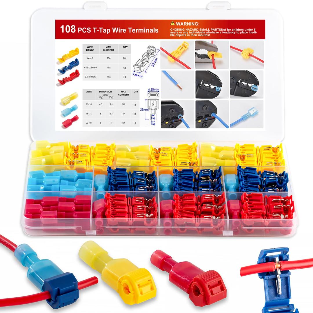108 Pcs T-Tap Wire Connectors Kit, Quick Splice Self-Stripping Electrical Wire Terminals for Speaker Car Audio, Nylon Fully Insulated Male Quick Disconnects for Automotive Wiring (22-10 AWG)