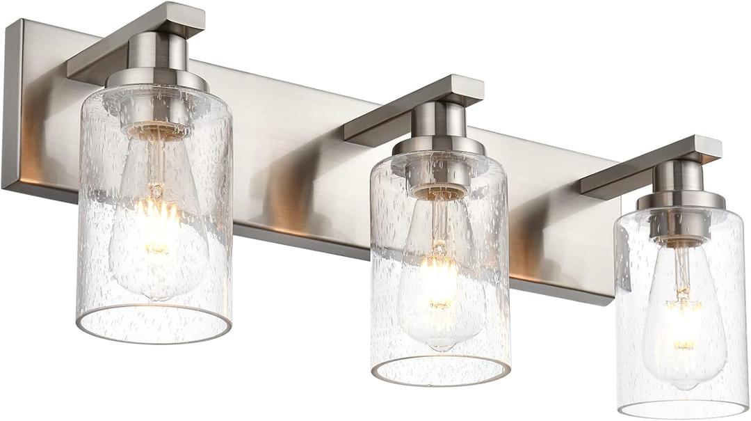 Brushed Nickel Bathroom Vanity Light Over Mirror, 3-Lights Metal Wall Lighting Fixtures with Seeded Glass Shades