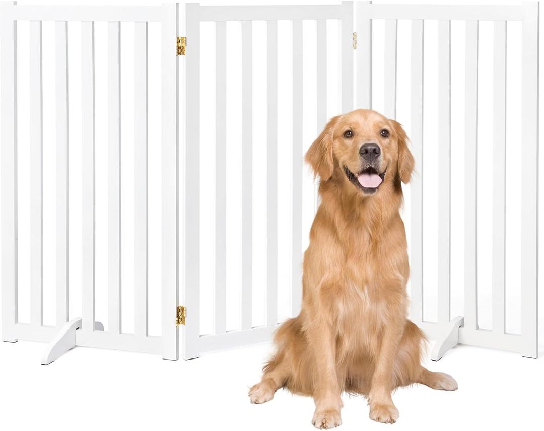 36" Height Extra Tall Freestanding Pet Gate, Solid Wood Folding Safety Fence Wooden Dog Gate with 2 PCs Support Feet Ideal for Stairs, Doorways, Halls, Kitchens, Heavy Duty Gates, 3 Panels, White (36"-3 Panels)