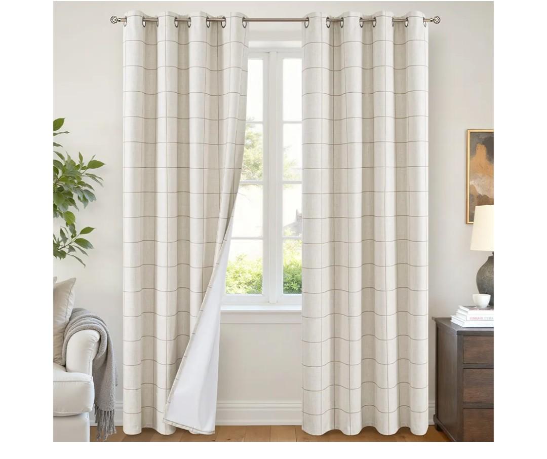 Linen Blackout Curtains for Living Room - Boho Plaid Pattern Thermal Insulated Grommet Cottage Core Window Treatments Rustic Drapes for Farmhouse, 52x84 Inch 2 Panels, Natural