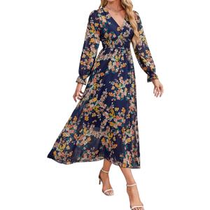 Women's 2025 Floral Summer Maxi Dress, Spring Long Sleeve V-Neck Empire Waist Dress, Flowy Wedding Guest Dresses Navy Blue (XL)