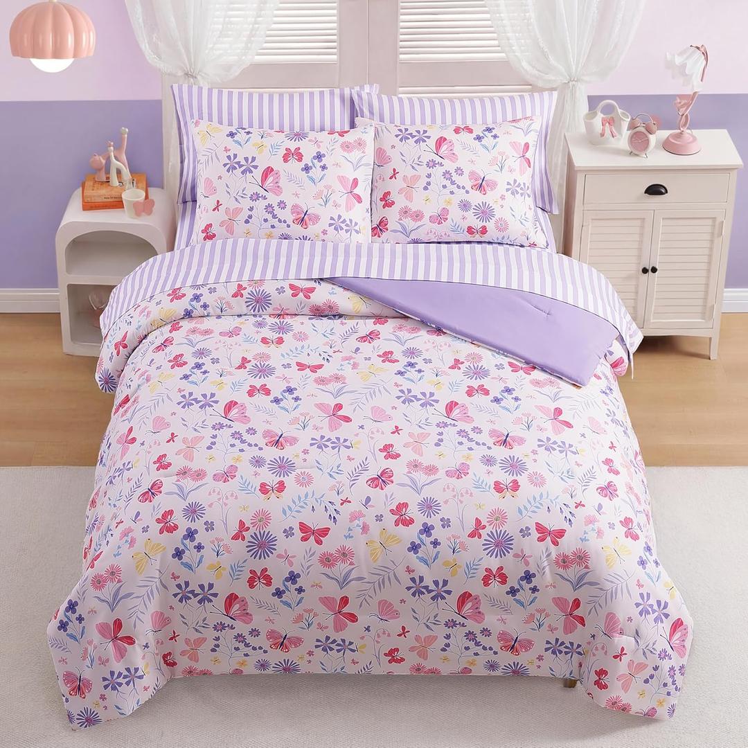 AMBERSPACE Twin XL Comforter Set for Girls, Butterfly Botanical Flowers Bedding Set, All Season Kids Bed in a Bag Dorm, Pillowcase & Sham, 70 x 86 inch