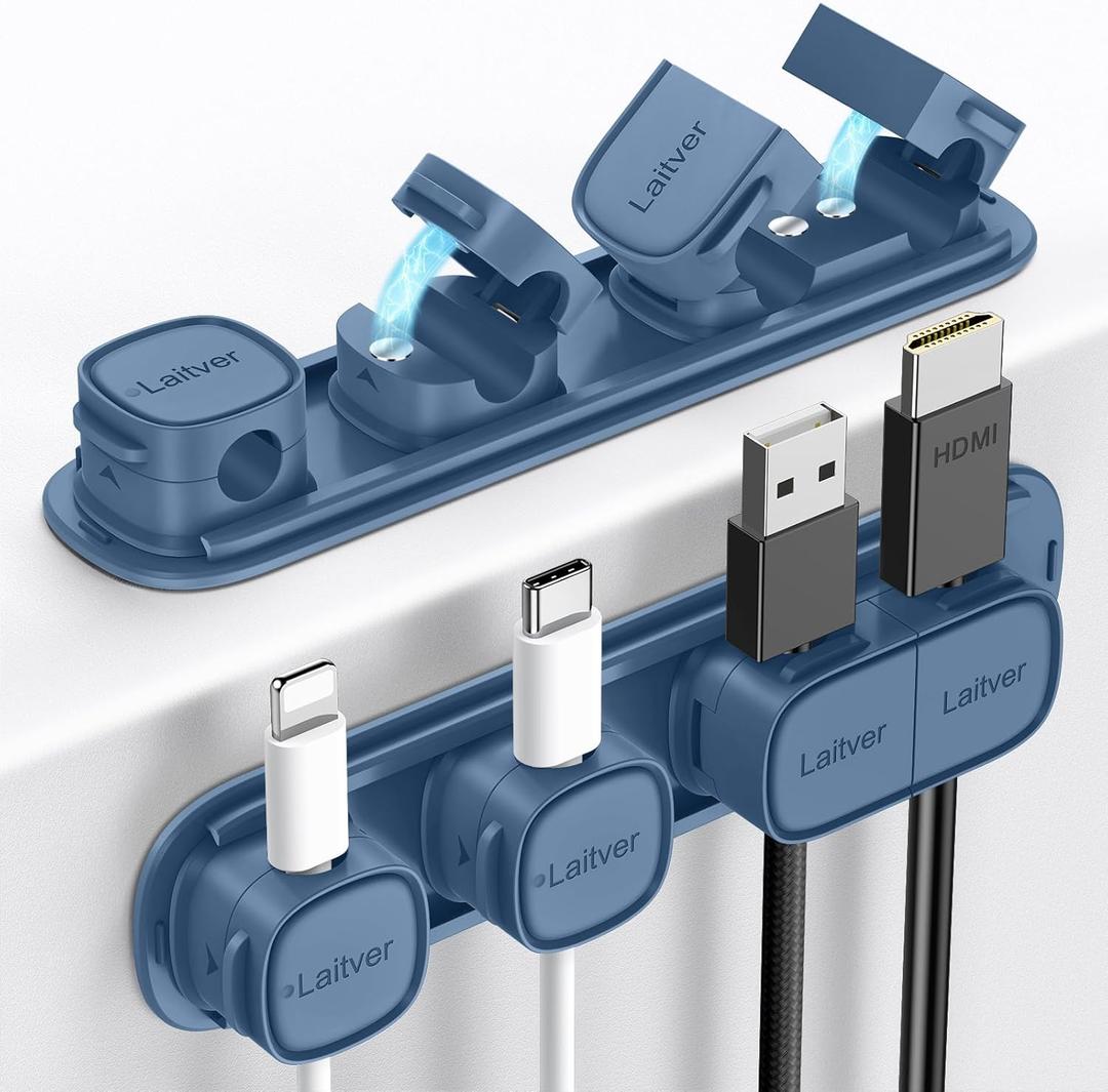 6 Pack Magnetic Cable Clips [1s Open/Lock], Laitver Cord Organizer Holder Strong Adhesive Desk Cable Management- Organize Charging Cords Neatly for Home, Office, Car,Desk, Nightstand-Porcelain Blue