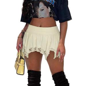 Women's Lace Short Skirt Sexy Y2K Solid Low Waist Patchwork Flowy Ruffle Pleated Mini Skirts Streetwear (Yellow, XS)