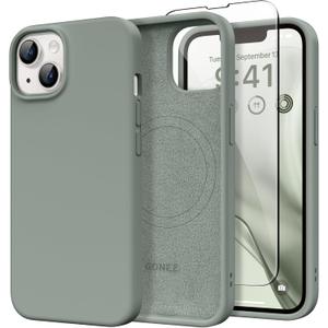 GONEZ Magnetic for iPhone 13 Case & iPhone 14 Case, [Compatible with MagSafe] Anti-Scratch Microfiber Lining & Screen Protector, Shockproof Slim Phone Silicone Cover 6.1 inch, Calke Green