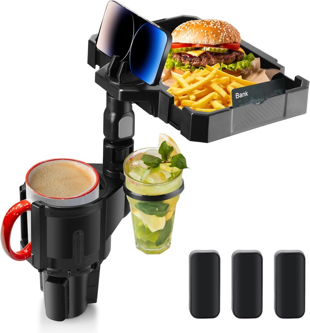 Car Cup Holder Tray - 4 in 1 Drink Holder Expander with Expandable Food Tray Table and 360 Phone Stand for Cars, Adjustable Dual Cups Holders Extender for Drive Road Trip