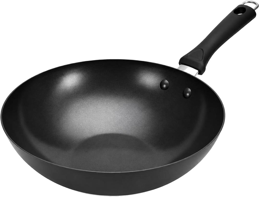 12.5" Carbon Steel Wok Non-Stick, PFAS-Free Coating, Induction-Safe Flat Bottom Stir Fry Pan with Ergonomic Handle