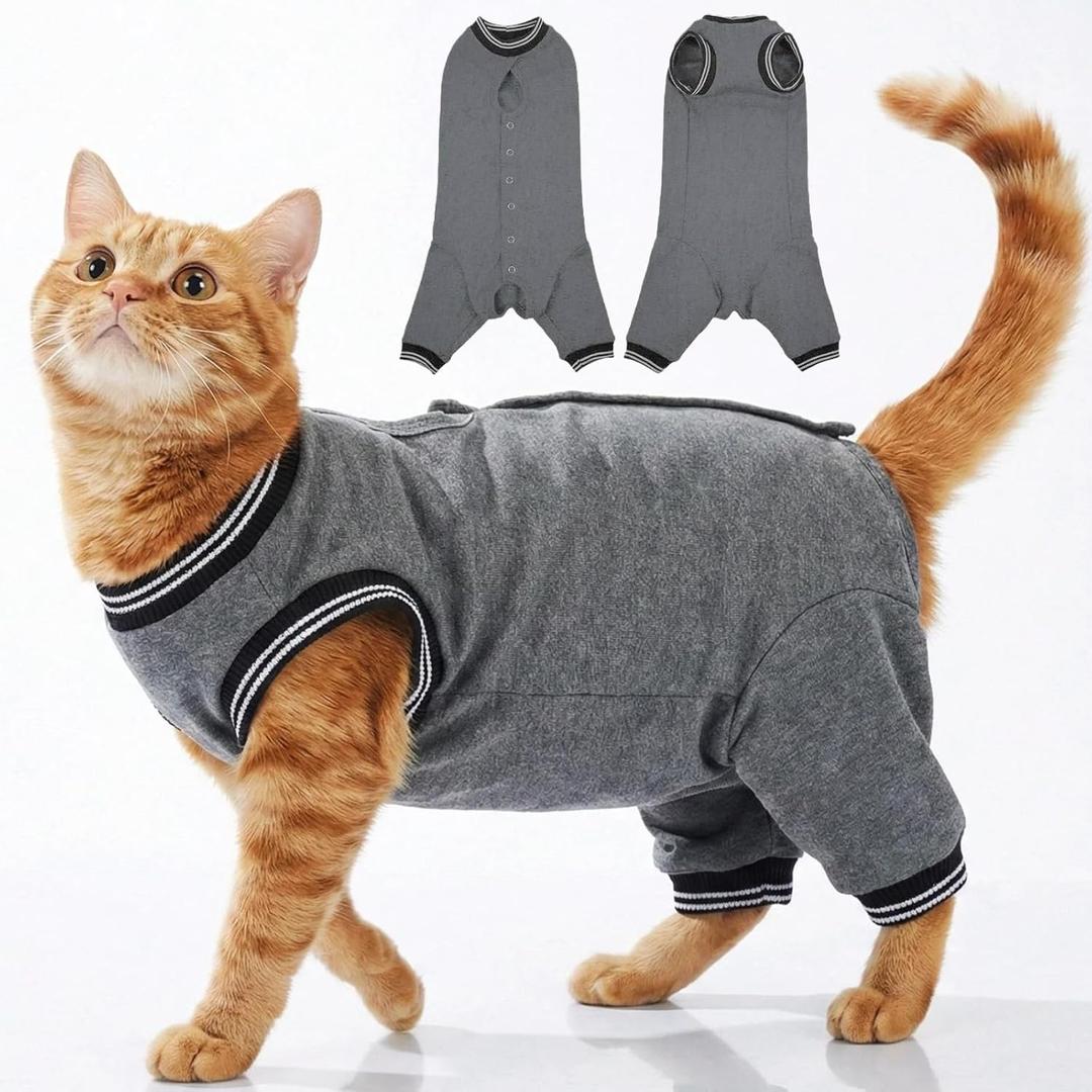 T'CHAQUE Cat Clothes Surgery Recovery Suit for Female Male, Cat Onesie Pet Surgical Pajamas Hind Legs Long Sleeve, Abdominal Wound Skin Diseases, E-Collar Alternative, Spay Recovery Suit, Gray-XL