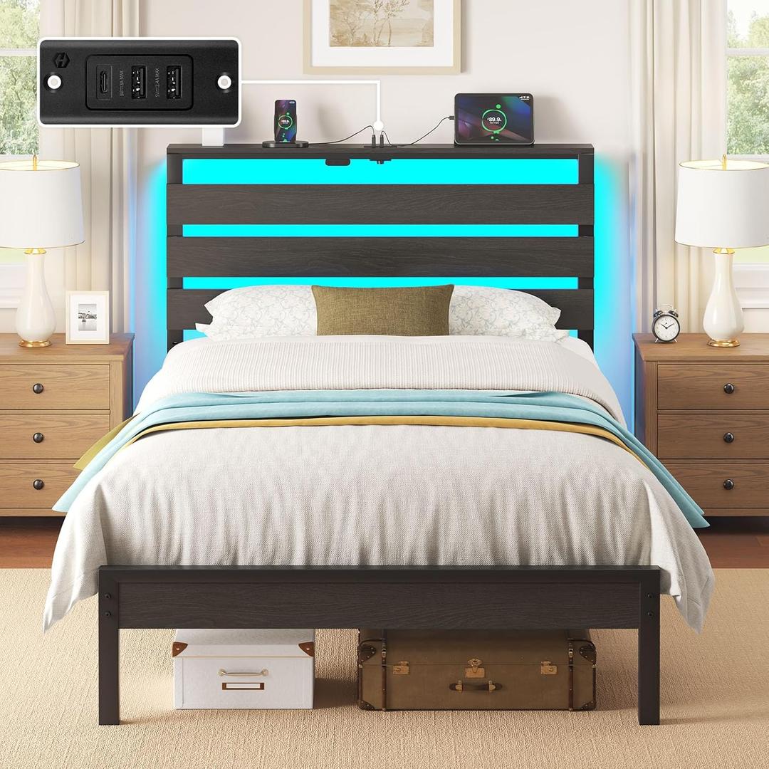 Rolanstar Bed Frame Twin Size with USB Charging Station, LED Bed Frame with Wood Storage Headboard, Black Metal Platform Bed with Under Bed Storage, No Box Spring Needed, Noise Free