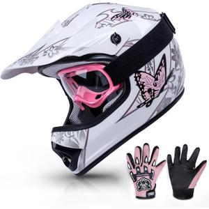 TCMT DOT Youth Kids Dirt Bike Helmet Youth Motocross Helmet Full Face ATV Four Wheeler Motorcycle BMX Helmet for Boys Girls, Off-Road Protective Gear with Goggles Gloves New (Pattern: Pink Butterfly)