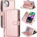 for iPhone 13 Case,for iPhone 14 Wallet Case,for iPhone14 iPhone13 Case,2 in 1 Detachable Wallet Magnetic Case PU Leather Folio Flip Cover with Zipper Coin Pocket & 6 Card Slots - Pink