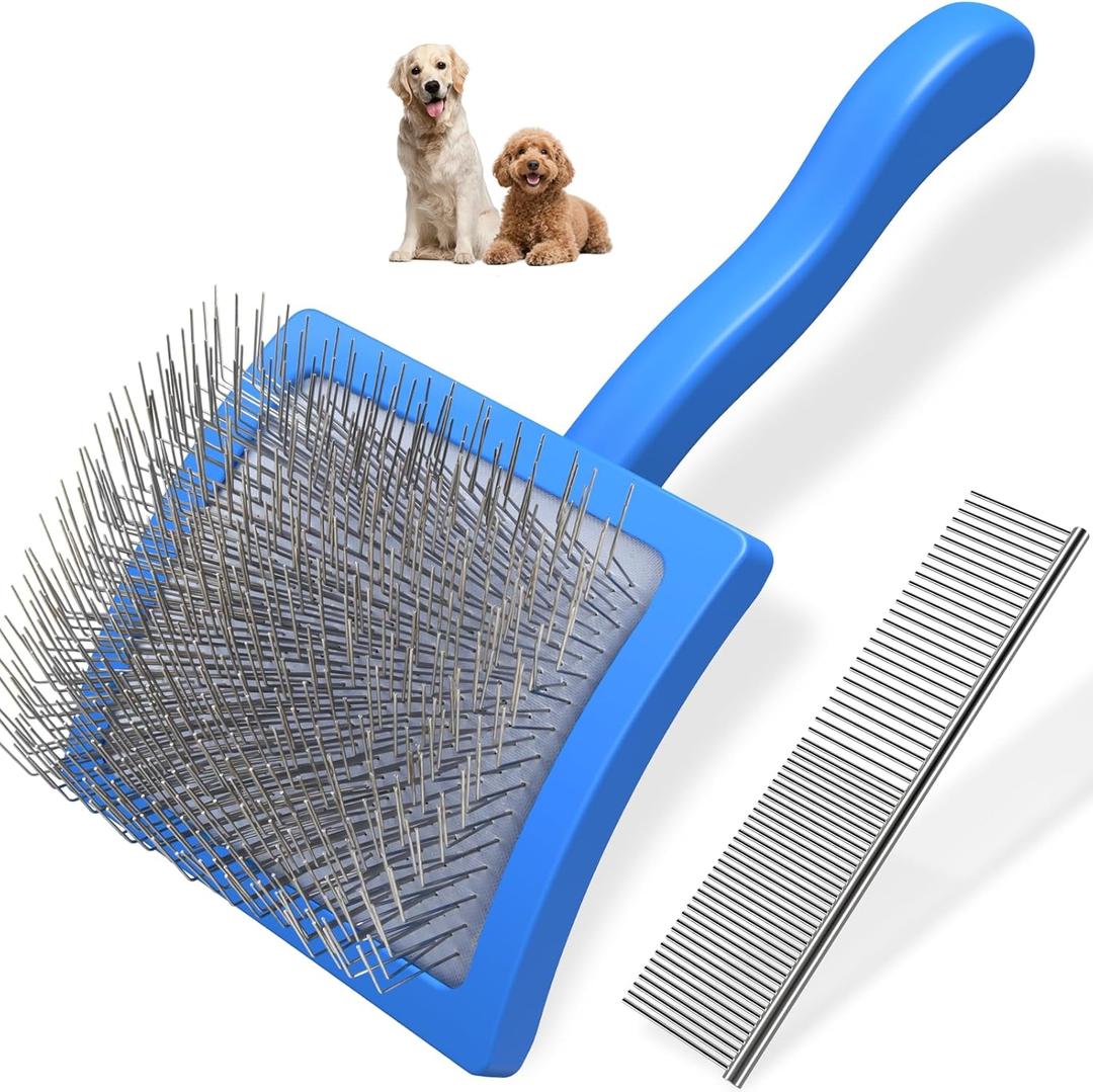 2PCS Slicker Brush for Dogs & Pet Comb, Professional Dog Grooming Brush (Goldendoodles, Poodles, Labradoodles) with Extra Long Pins to Effectively Remove Tangles, Knots and Mats (Blue Large)