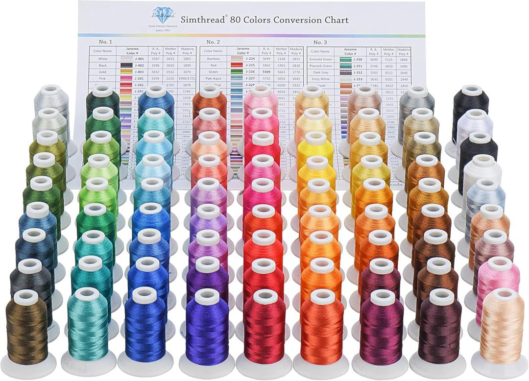 Simthread Polyester Embroidery Thread, 80 Spools Embroidery Machine Threads, 500M (550Y) Each Thread Spool, Colors Compatible with Janome & Robison-Anton Colors - Color Card Contained in Box