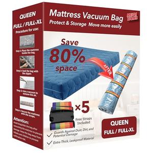 Queen/Full/Full-XL Mattress Vacuum Bag for Moving and Storage, Vacuum Seal Compression Bag for Queen and Full Size Mattresses, Heavy Duty Mattress Bag for Storage, with Sealing Clip and 5 Straps
