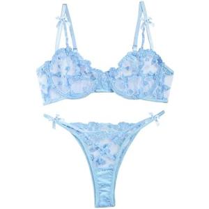 Lilosy Sexy Underwire Cute Push Up Strappy Embroidered Mesh Sheer Lingerie Set See Through Panty Bra, L