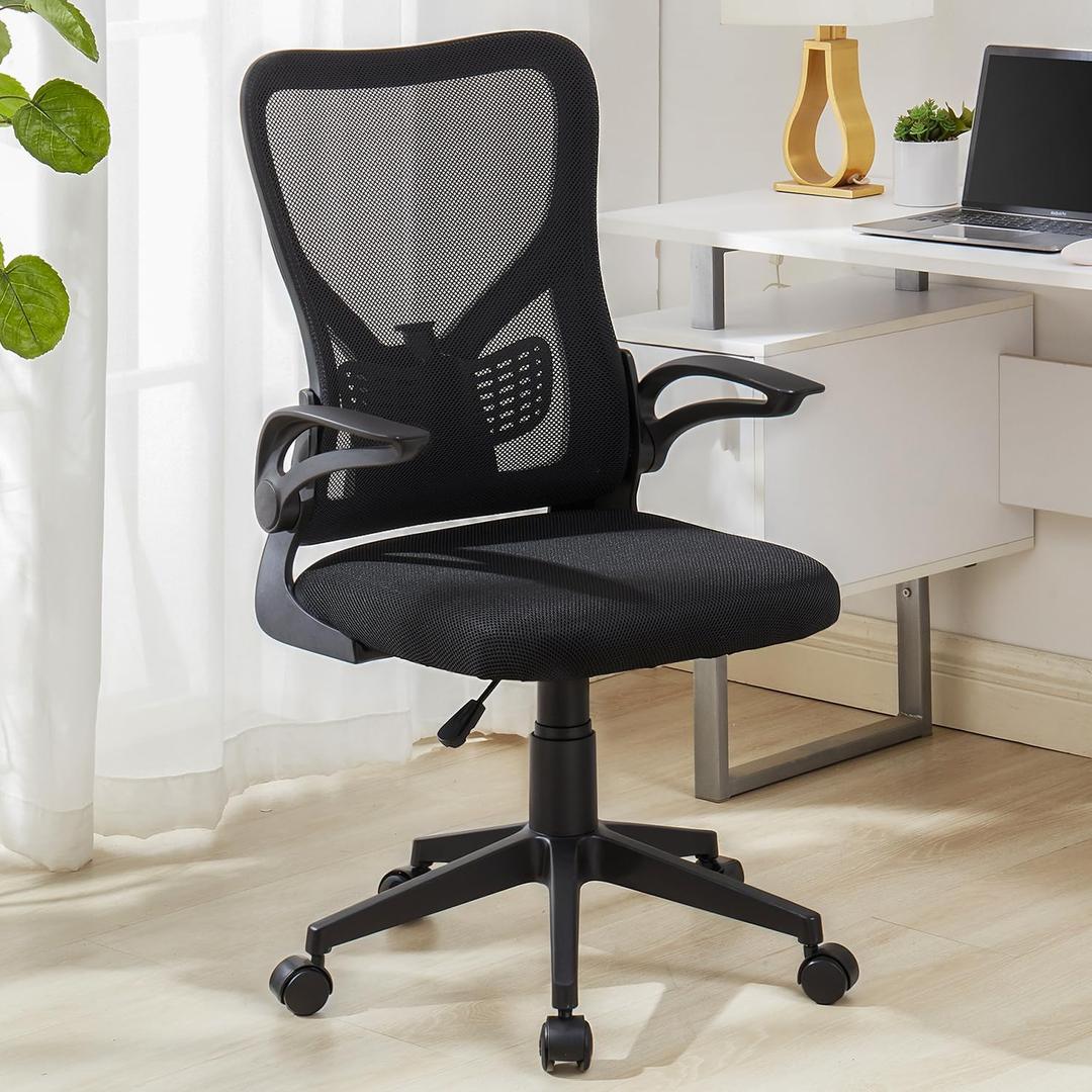 VECELO Mid-Back Mesh Ergonomic Office Chair with Flim-up Armrests, Breathable Lumbar Support, Swivel Wheels, Adjustable Height, for Study/Computer Task/Home Desk Work, Black