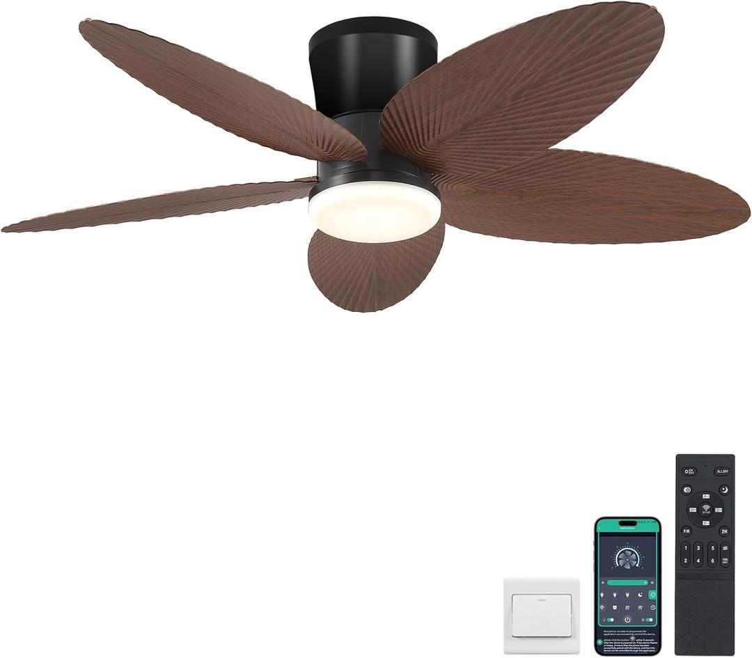 Palm Leaf Ceiling Fans with Lights-42 Tropical Ceiling Fan with Light and Remote/APP Control, Flush Mount Low Profile Ceiling Fans for Bedroom, Indoor/Outdoor Patio Use(Brown)