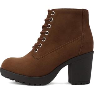 Soda Second Lug Sole Chunky Heel Combat Ankle Bootie Lace up w/Side Zipper (10, Chestnut Imitation Suede)