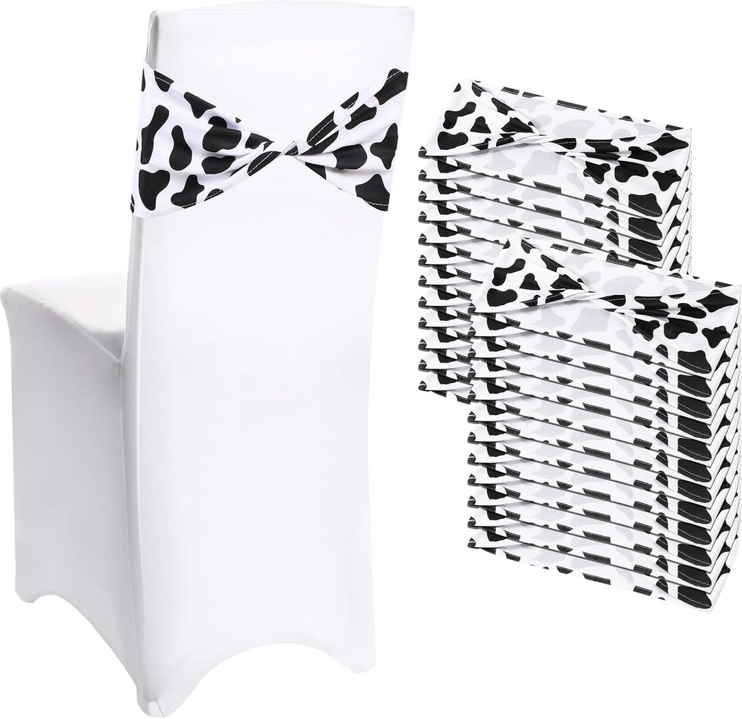 Newwiee 36 Pcs Cow Stripe Chair Sashes Spandex Cow Chair Bands Animal Print Elastic Chairs Sashes Bow Polyester Bands Ties Without Buckle for Animal Safari Jungle Theme Party Birthday Decor