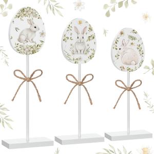 Kathfly 3 Pcs Easter Egg Bunny Table Decor Rustic Easter Egg Table Wooden Standing Sign Block Bunny Farmhouse Spring Centerpiece Wood Rabbit Leaves Colorful Tiered Tray Decor for Home Mantel Office