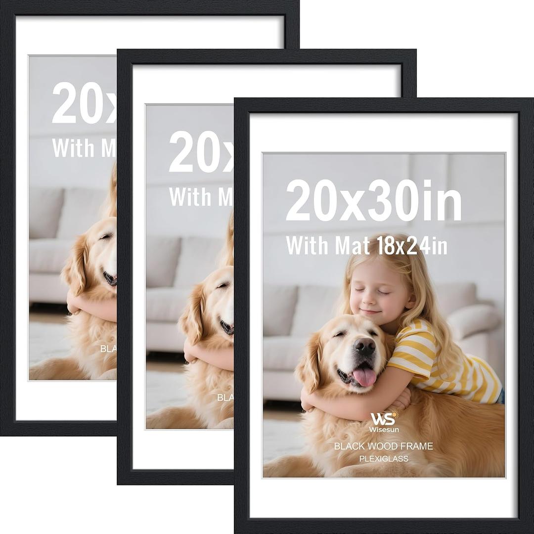 20x30 Poster Frame 3 Pack, Black Wood with Plexiglass, 18x24 Mat