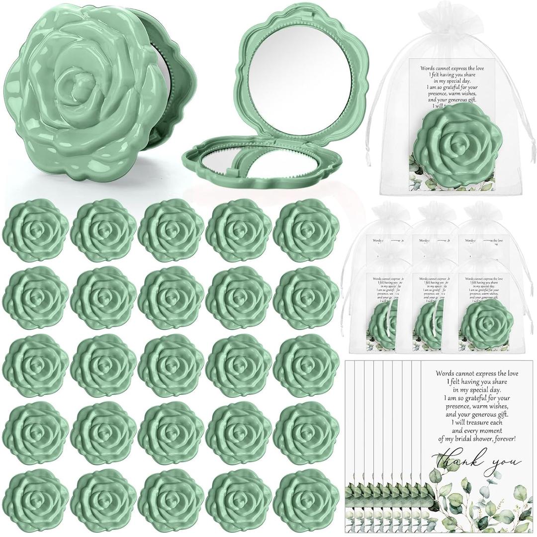 50 Sets Bridal Shower Party Favors for Guests Small Rose Compact Mirror Bulk Wedding Favors Thank You Cards and Organza Bags Wedding Party Guests Souvenir Gift (Green)