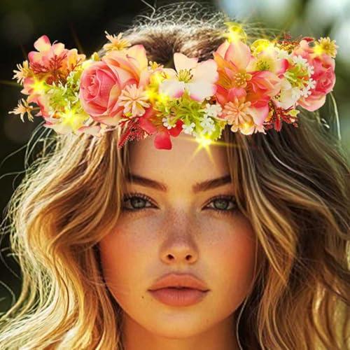 DRESBE Light Up Flower Crown Headband LED Fairy Floral Hair Accessories for Women (Rose)