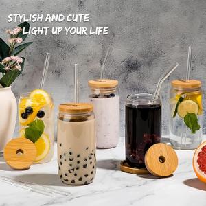 16 Oz Drinking Glasses with Bamboo Lids and Glass Straw - 4 Pcs Glass Cups Beer Ice Coffee Glasses Cute Aesthetic Cup Great for Coffee Bar Accessories Include 2 Cleaning Brushes