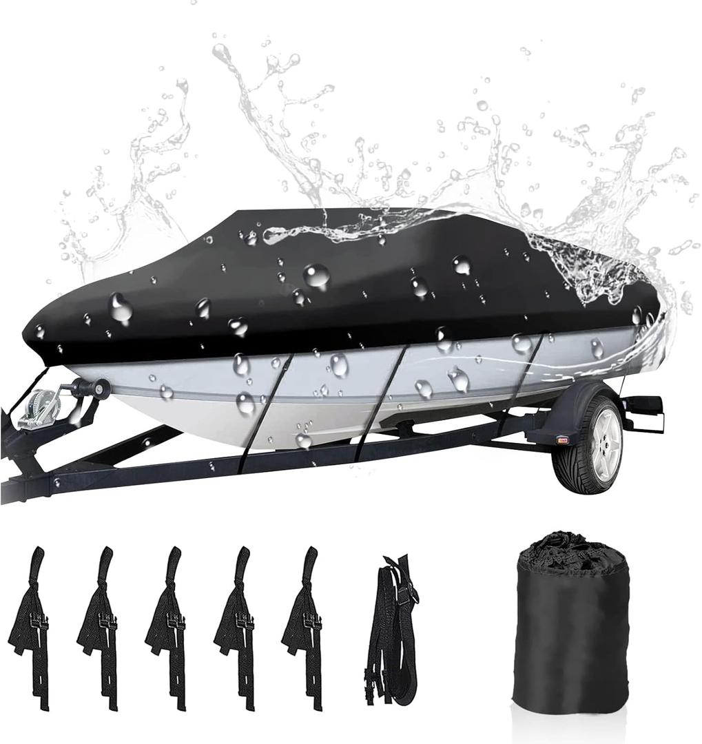 NEVERLAND Trailerable Boat Cover Waterproof Heavy Duty Marine Grade Polyester Canvas Fits V Shape/V-Hull and Tri-Hull Runabouts, Pro-STYL, Bass Boats (Boat Length 20-22ft, Beam Width up to 102",Black)